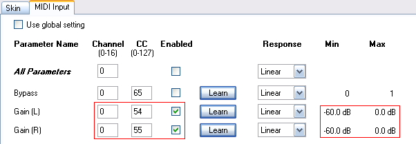 Step 07 - Assign the L and R gain parameters to the same CC number as the DPMP outputs, and setup their range to -60, 0 dB